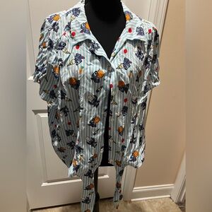 Disney Stitch Blue and White Striped Cartoon Shirt